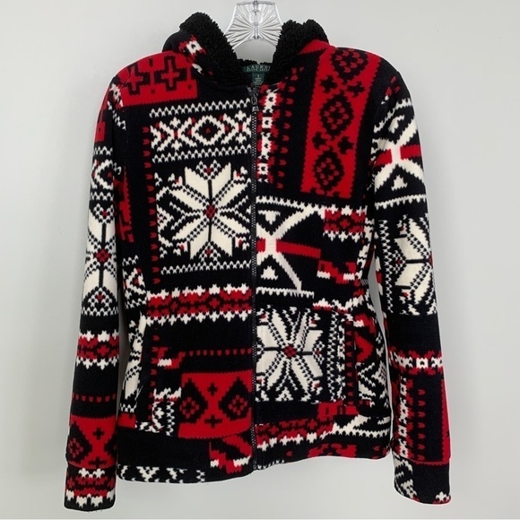 Lauren Ralph Lauren Jackets & Blazers - Lauren Ralph Lauren Black, White, & Red Patterned Fleece Jacket Size S